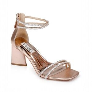 NIB BADGLEY MISCHKA Lillie Crystal Dual-Strapped Block Heels in Champagne, 7.5